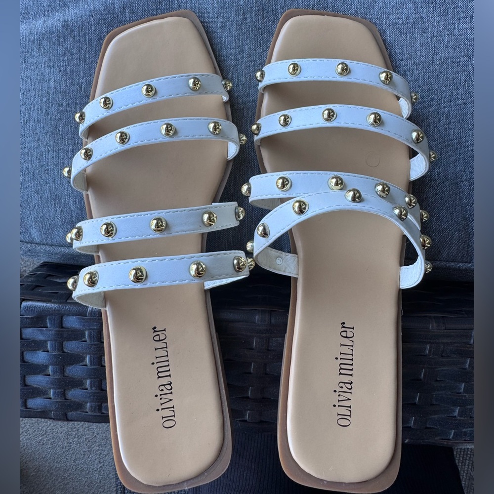 Olivia Miller White and Gold Studded Sandals